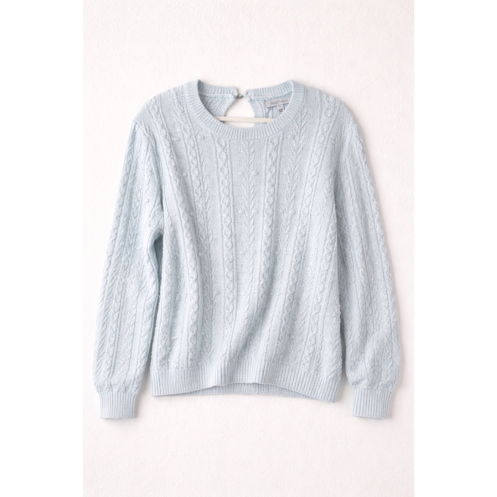 NWT Single Thread Ice Melt Blue Cable Knit Keyhole Back Sweater Large Winter - Picture 2 of 9